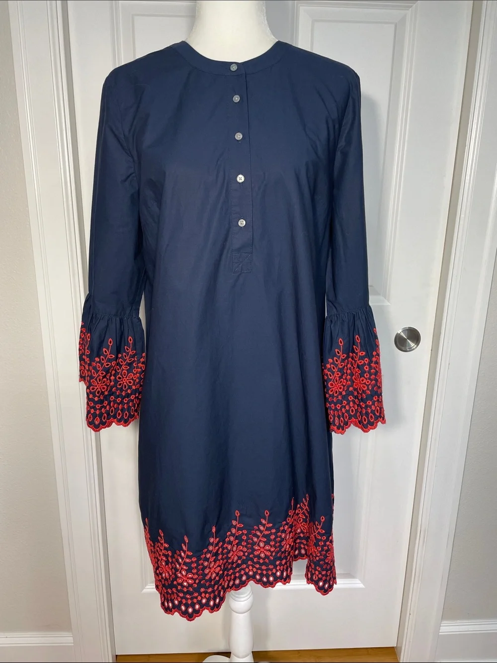 J. Crew Midi Dress Medium Embroidered Eyelet Bell Long Sleeve Navy Blue